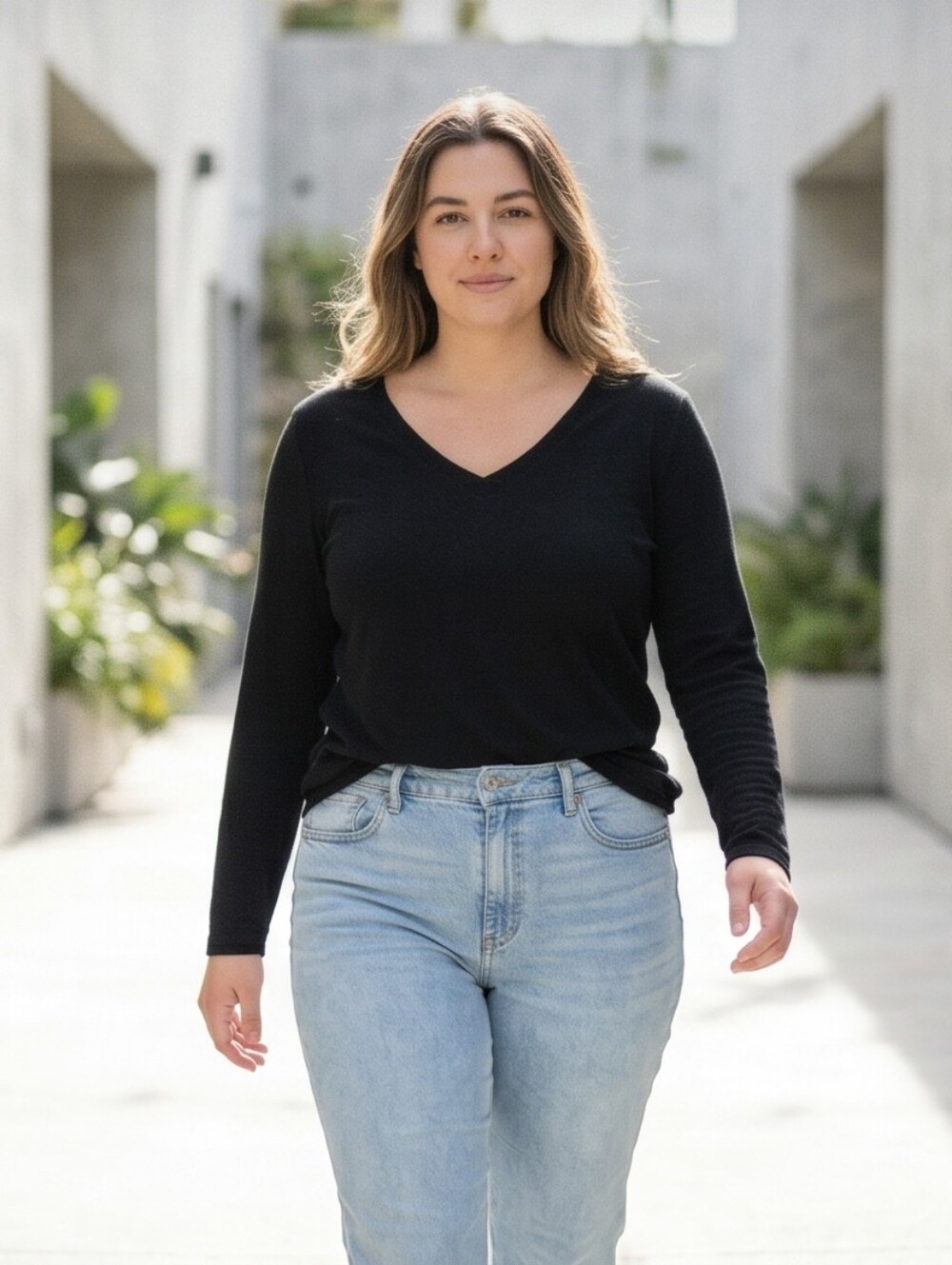 V-Neck Long Sleeve Top in Black